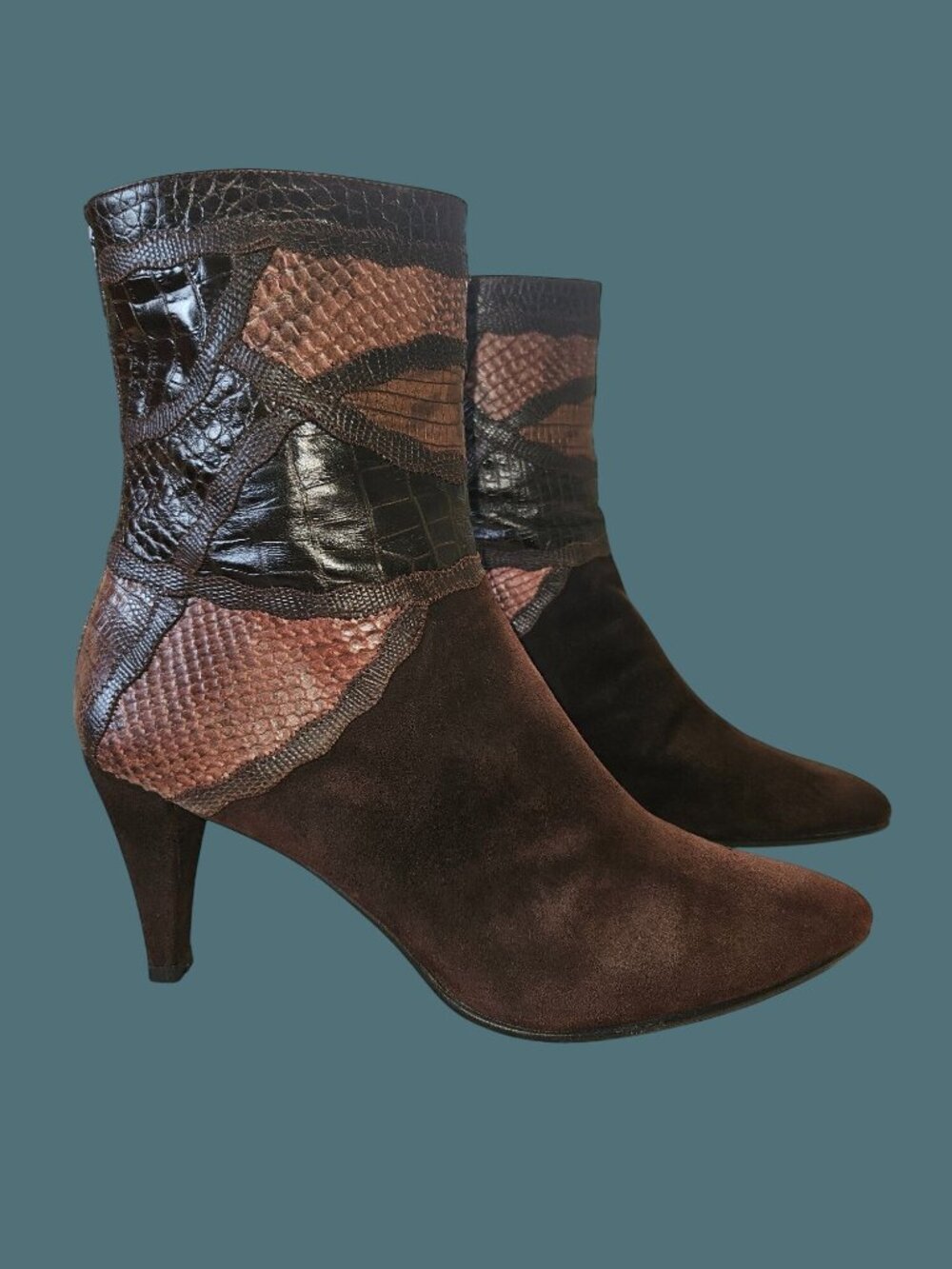 Stuart Weitzman Brown Suede Animal Skin Print Pointed Toe  Booties Women 10M - Picture 2 of 13